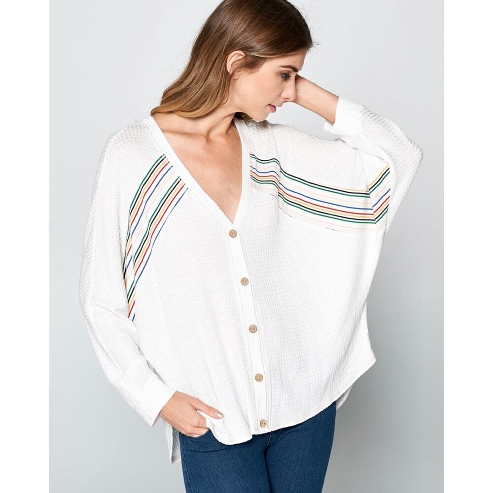Oversized Slouchy Waffle Top Lightweight V Neck Long Sleeves Women's Large